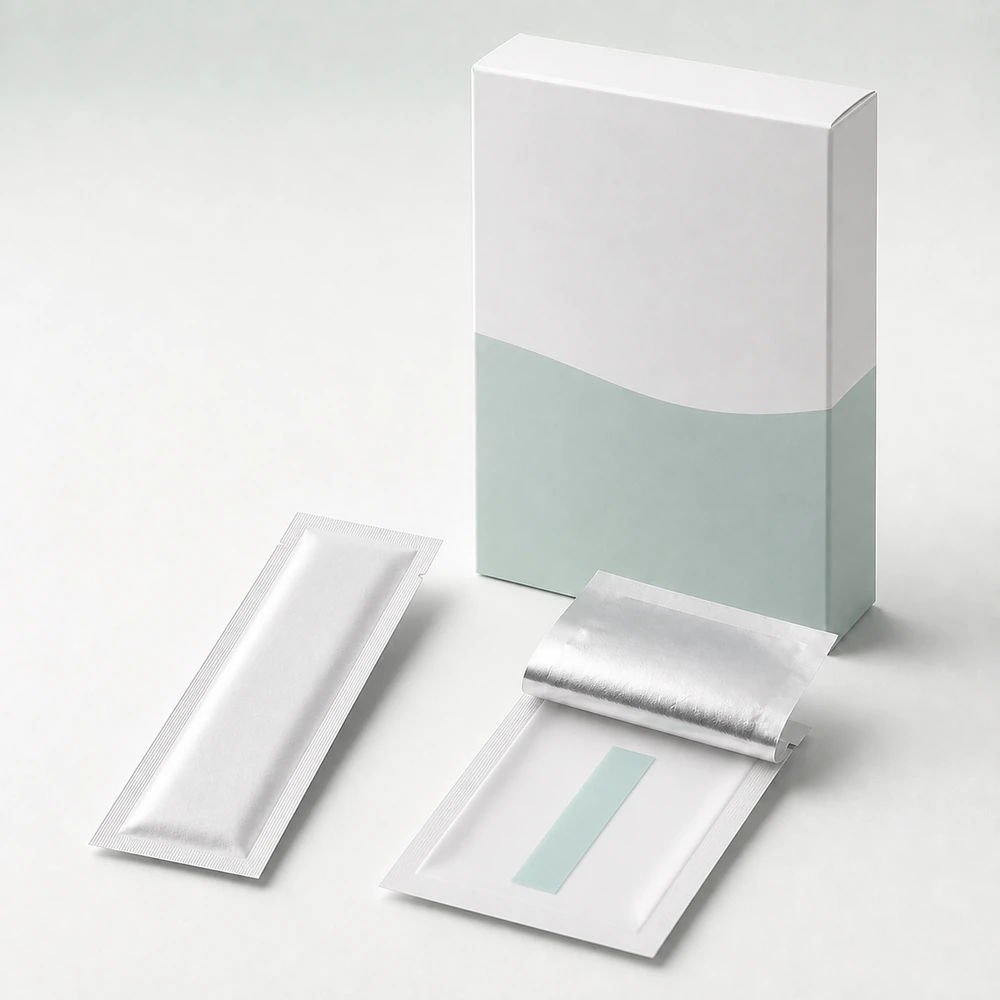 Long narrow caffeine oral dissolving film strip in an individual peel-open sachet